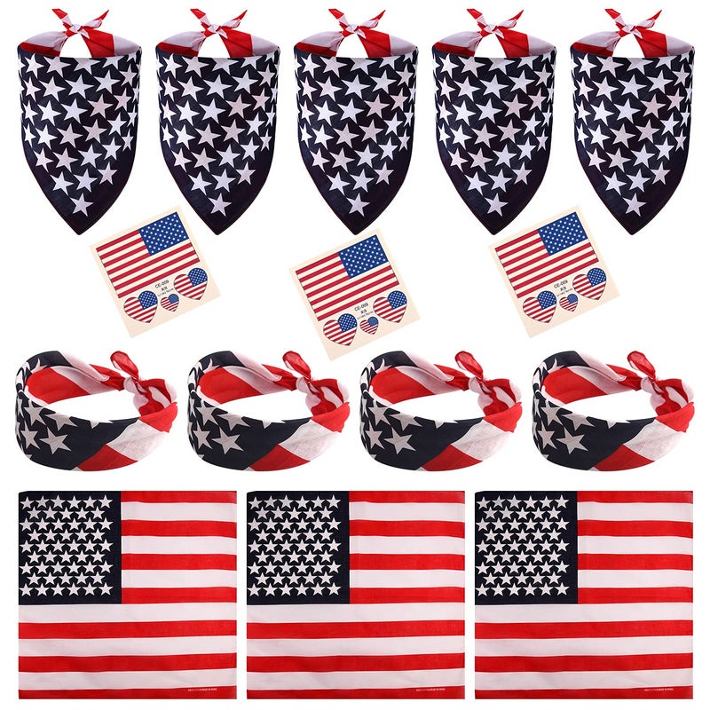 FEPITO 12 Pack American Flag Bandanas Headband USA Flag Kerchief and 12Pcs Tattoo Sticker for July 4th, Patriotic Event Accessories - Image 1